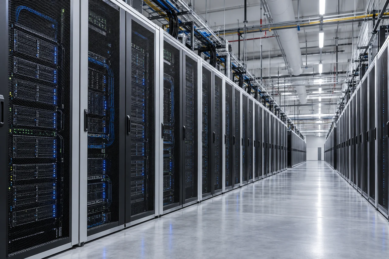 Server racks and network infrastructure inside a data centre
